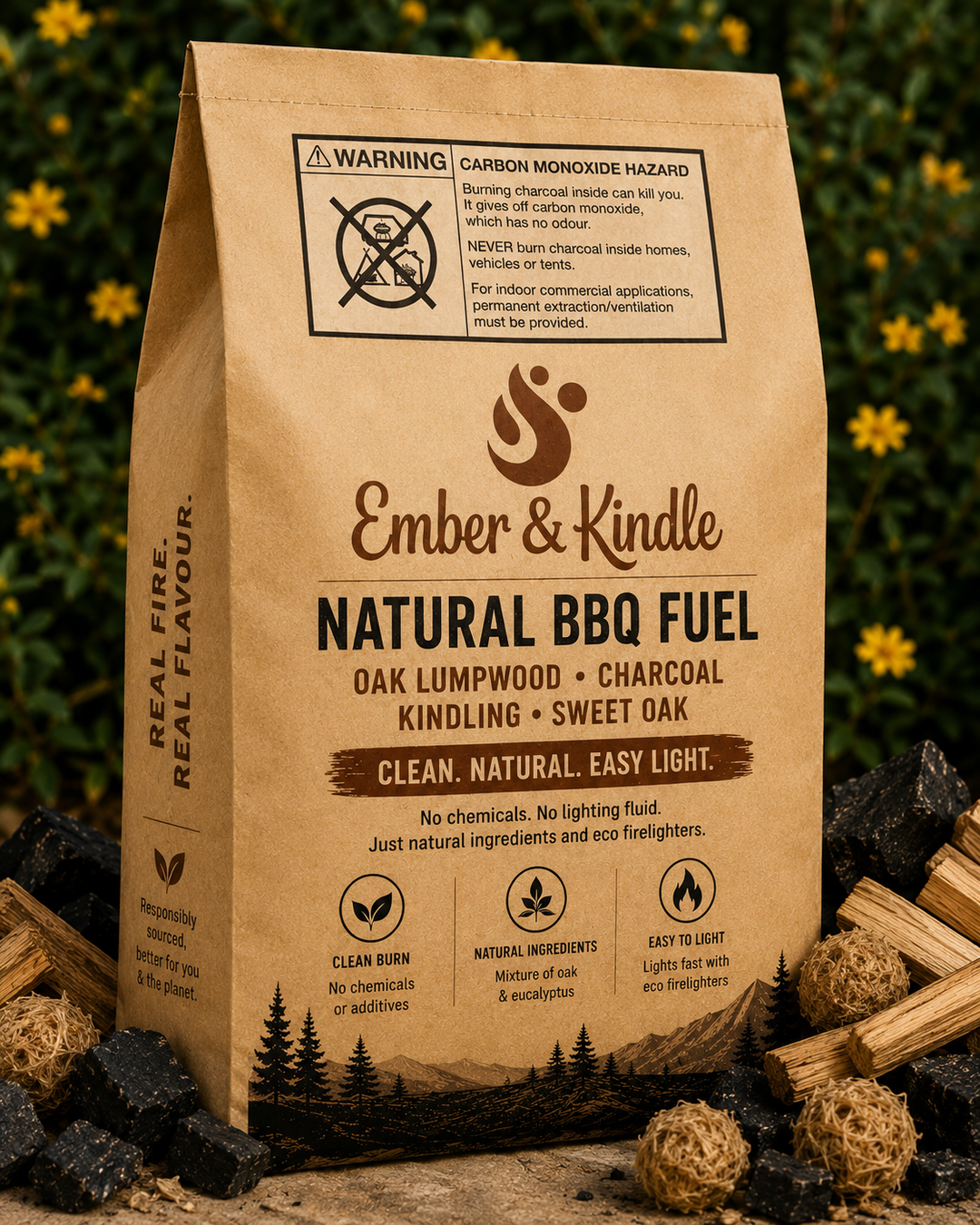 Instant Light Lumpwood Charcoal – 12 x 1KG Oak Infused Bags | Restaurant Grade